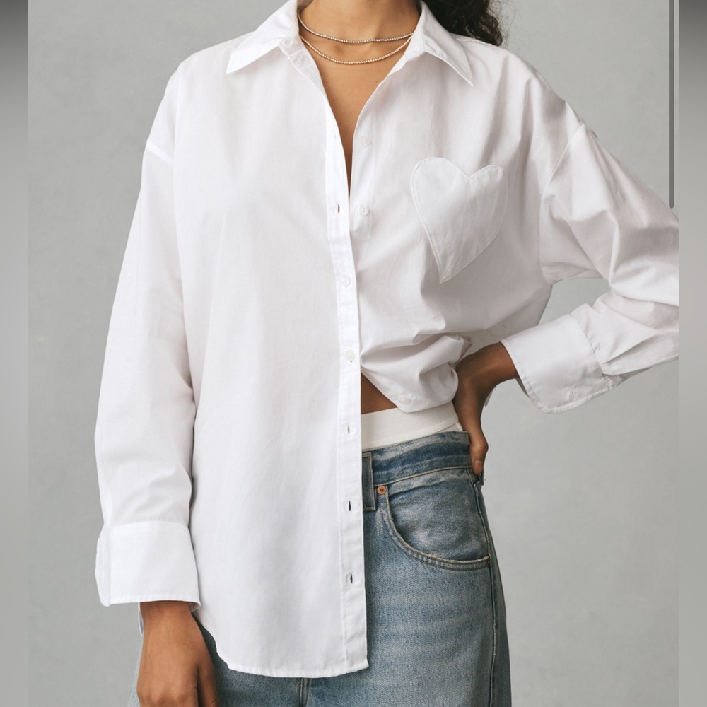 Anthropologie White Button Down Shirt with Heart Detail